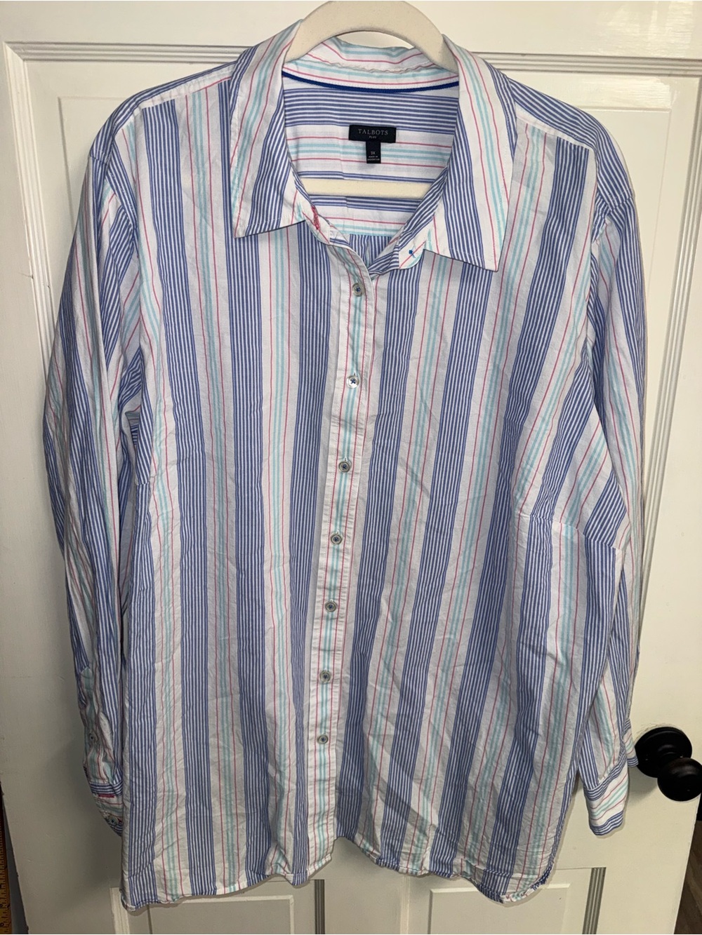 Talbots Men's Striped Button-Down Shirt in Blue, White, Pink and Green Size 3XL